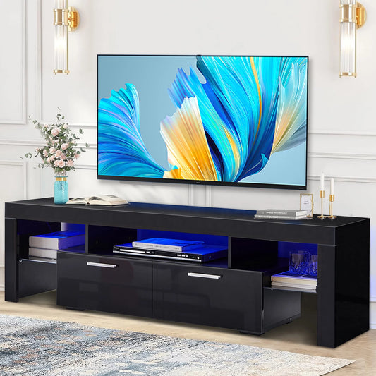 Sprilife Black TV Stand for 70 Inch TV, Modern TV Cabinet with 16 Color LED Light