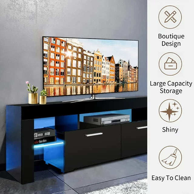 Sprilife Black TV Stand for 70 Inch TV, Modern TV Cabinet with 16 Color LED Light