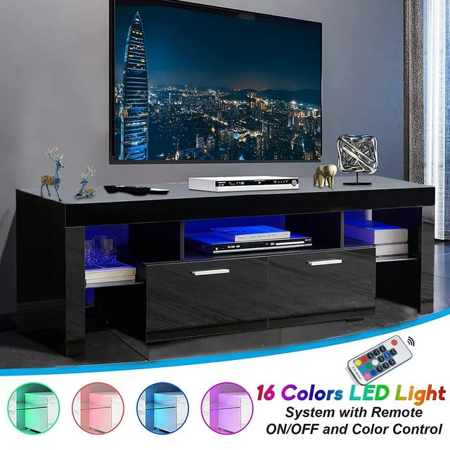 Sprilife Black TV Stand for 70 Inch TV, Modern TV Cabinet with 16 Color LED Light